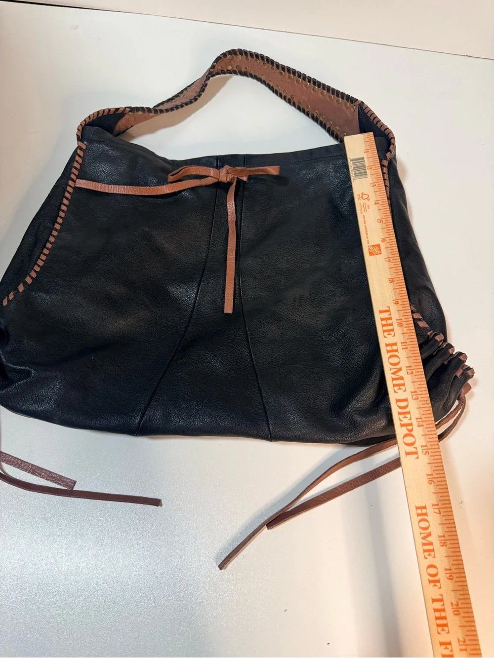 Muxo Black Leather Shoulder Hobo Bag with Brown Trim